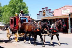 Horse-drawn carriage tours are a popular way for tourists to experience Tombstone. The summer season is not as popular with visitors because of the Arizona heat. 