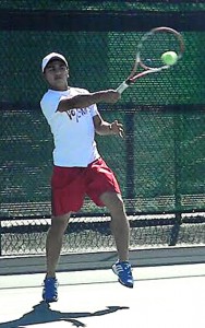 Aldo Amaya returns a serve during the Pima Community College Men's Tennis team practice. (Photo Courtesy of Zach Armenta) 