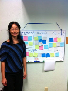 Yumi Shirai, director of ArtWorks, stands in her office next to a whiteboard with notes answering the question, "What is ArtWorks?" Some of the responses, written by participants in the program, includes "Community Building", "Creativity", "Empowerment", and "Happy".