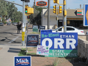 Campaign signs line the streets in Tucson, Ariz. ahead of the election. Photograph by Harrison Leff