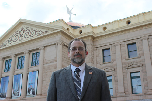 Freshman Rep. Chris Ackerley, R-Sahuarita poses  in front of the capitol building. Photo by Ethan McSweeney 