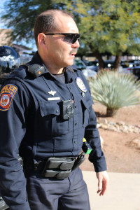 Oro Valley Police Officer Manny Guerrero wearing one of the departments bodyworn cameras. Photo by Megan Canterbury