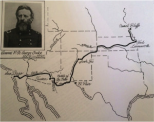 Este mapa muestra la ruta del Batallón Mormón desde Council Bluffs, Iowa hasta San Diego, California. (Mapa cortesía de la Sociedad Histórica de Arizona)