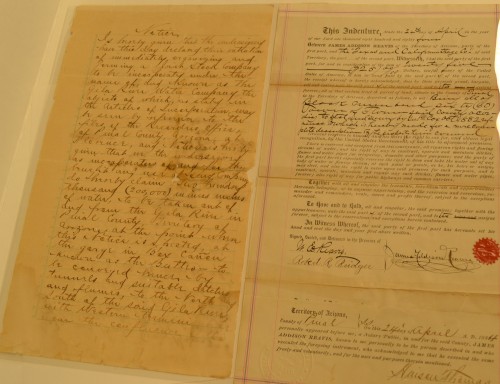 Left: A letter Reavis wrote claiming his water rights on the Gila River. Right: A quitclaim deed Reavis wrote out to D.C. Stevens, the owner of the Texas-California stagecoach operation. (Photo by: Gabby Ferreira/Arizona Sonora News)