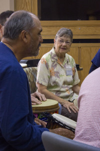 Jane Click (right), certified music therapist, listens to Mark Scott, patient at Southern Arizona VA Health Care System, talk about playing the drums during Jane Click's music therapy session at Southern Arizona VA Health Care System on Tuesday, April 21, 2015. Arizona veterans are using music therapy to help better their health. Photo by: Rebecca Marie Sasnett / Arizona Sonora News  