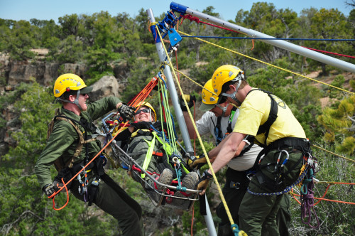 Members of Grand Canyon National Parks Emergency Services branch practice rope rescues during a technical rescue training at the South Rim of the park in Arizona. Grand Canyon performs more search and rescues than any other national park in Arizona. (National Park Service photograph/Courtesy of Grand Canyon National Park)