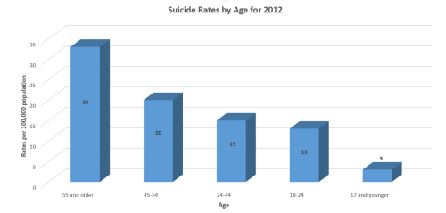 Suicide rates by age demographic for the year 2012 (Graph by Shelby Edwards/Arizona Sonora News)(http://www.cdc.gov/mmwr/preview/mmwrhtml/mm6128a8.htm)