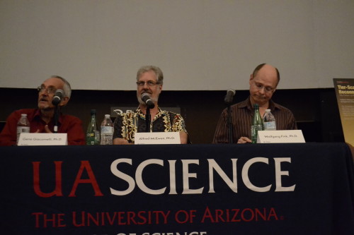 A group of University of Arizona scientists meet to discuss the viability of a habitat on Mars. From left to right, Gene Giacomelli, Alfred McEwen and Wolfgang Fink. (Photo by: Tanner Clinch