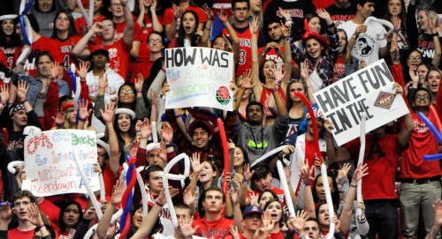 Feb 6, 2014; Tucson, AZ, USA; Fans in the Arizona Wildcats student section also known as the Zona Zoo hold up signs during the second half against the Oregon Ducks at McKale Center. Arizona won 67-65. Mandatory Credit: Casey Sapio-USA TODAY Sports