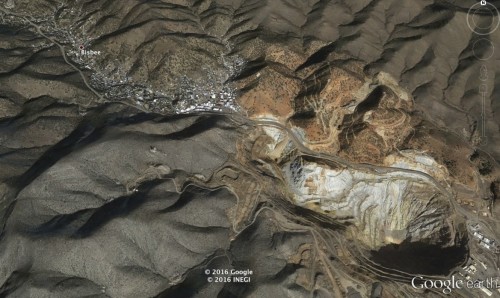 Bisbee and the mine as they are seen from Google Earth