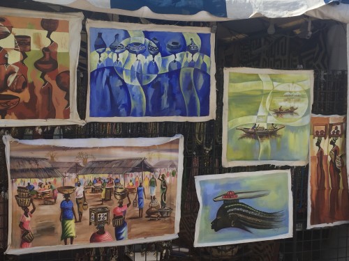 Traditional African paintings hang at the African Art Village on February 4, 2016 in Tucson, Arizona. (Photo by: Ryan Bertrand / Arizona Sonora News Service)