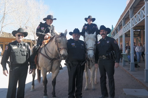 Members of the Arizona Rangers Tombstone Company pose for a picture before starting foot and mounted patrol down historic Allen Street. From left to right: Duty Sgt. Dan Fischer, Lt. Mike Gross, Ranger Jim Politi, Ranger Geno DAmbrose, Maj. Kenn Barrett. (Photo by: David Mariotte/ Tombstone Epitaph)