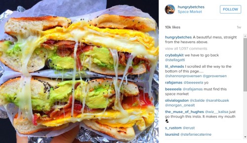A post on the @hungrybetches Instagram page from February 2016 shows a bagel sandwich from Space Market in New York City, New York with 10,000 likes on the photo. Photo by Michele Mansoor/Instagram.