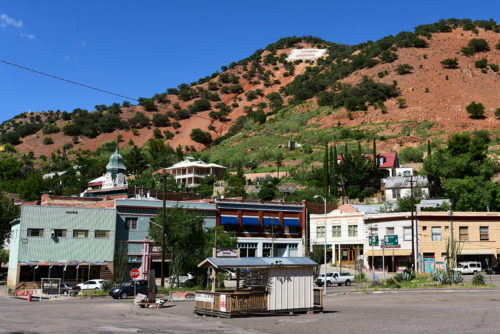 A view of the signature Bisbee B overlooking the start of historic Main Street in the heart of Old Bisbee, Ariz. on Monday, Aug. 8, 2016. Bisbee was founded in 1877 as a copper mining town and was nicknamed the Queen of Copper Camps. (Photo by Rebecca Noble / Arizona Sonora News Service)