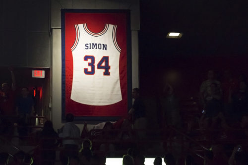 Miles Simon's jersey is revealed up in the rafters of the McKale Center in Tucson on Friday, Oct. 14, 2016. (Photo by Emily Gauci / Arizona Athletics)