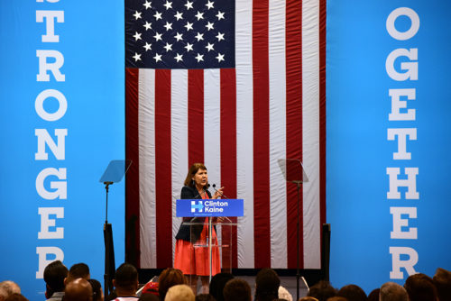 Arizona senate candidate Ann Kirkpatrick addresses the audience before First Lady Michelle Obama's speech at the Phoenix Convention Center in Phoenix, Ariz. on Thursday, Oct. 20, 2016. (Photo by Rebecca Noble / Arizona Sonora News)
