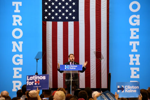 Congressman Ruben Gallego speaks to the crowd before First Lady Michelle Obama's speech at the Phoenix Convention Center in Phoenix, Ariz. on Thursday, Oct. 20, 2016. (Photo by Rebecca Noble / Arizona Sonora News)