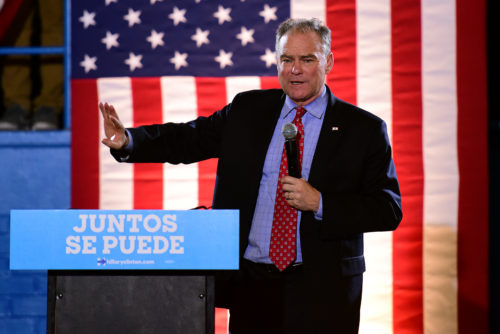 Sen. Tim Kaine encourages the audience at Sunnyside High School to get out and vote early in Tucson, Ariz. on Thursday, Nov. 3, 2016. (Photo by Rebecca Noble / Arizona Sonora News)