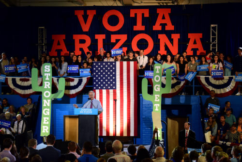 Tucson mayor Jonathan Rothschild opens up the rally for Democratic vice presidential candidate Tim Kaine at Sunnyside High School in Tucson, Ariz. on Thursday, Nov. 3, 2016. (Photo by Rebecca Noble / Arizona Sonora News)
