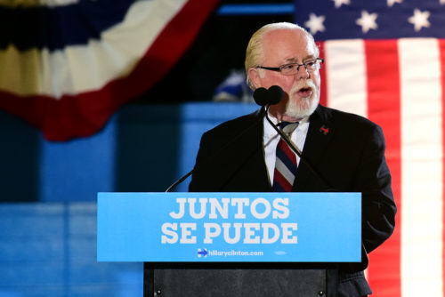 Former Congressman Ron Barber addresses the audience before a speech from Democratic vice presidential candidate Tim Kaine at Sunnyside High School in Tucson, Ariz. on Thursday, Nov. 3, 2016. (Photo by Rebecca Noble / Arizona Sonora News)