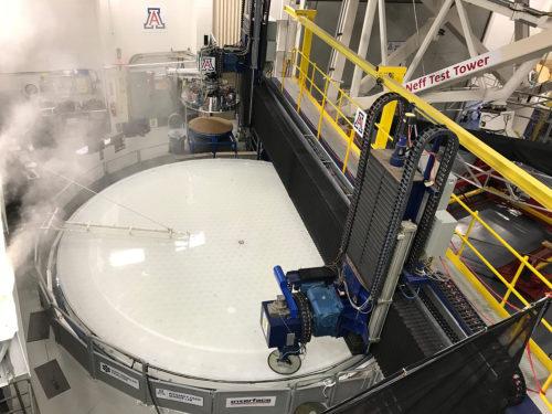 GMT mirror segment 2 undergoes final polishing processes. Photograph by Jules Zappone, Arizona Sonora News Service ©2017.