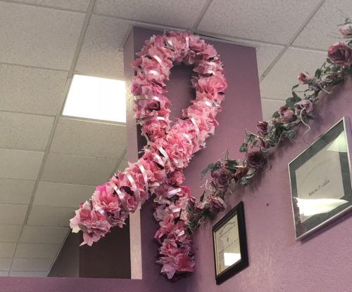 A pink Breast Cancer ribbon is displayed in Alice Rae in Tucson, Ariz.