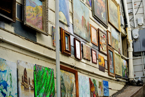 A wall of the Broadway Stairs Art Gallery in Bisbee is covered in found art. The pop-up gallery began this month.