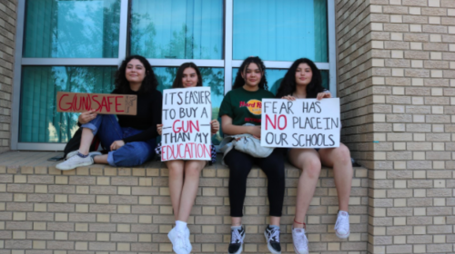 Right to left: Zuly Bustamante, Samira Bustamante, Paola Pino,
Julieta Bustamante. Tucson High School students sit with posters protesting against gun violence (Photo by: Elizabeth Kinney/ Arizona Sonoran News).

