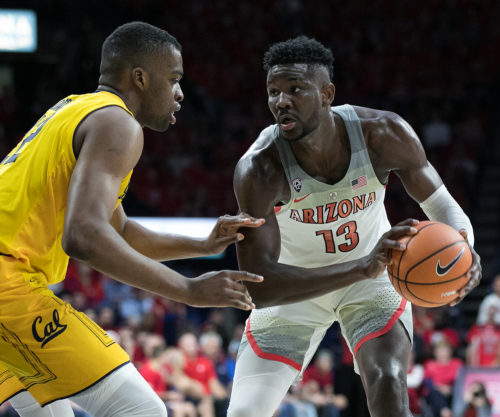 Arizonas one-and-done athlete Deandre Ayton looks to score past Cals Kingsley Okoroh during the Arizona-Cal game on Saturday, March 3 in McKale Center. (Photo by: © Simon Asher / The Daily Wildcat)