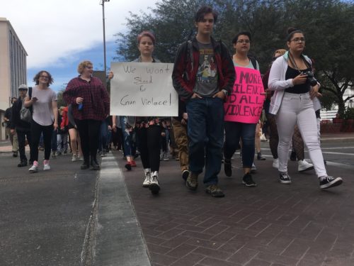 High school students from City High in Tucson, Arizona organized and carried out a 17-minute walk out on Wednesday, March 14. The students want legislators to ban assault rifles. (Photo by: Michaela Webb/Arizona Sonora News)