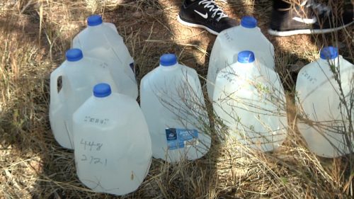Gallons of water are left in desert routes for crossing migrants in the Sonoran Desert by humanitarian groups. Photo by: Noemi Salazar Mata/ASNS