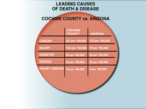 Cochise County and Arizona population statistics, as reported by the U.S. Census Bureau. The Cochise County Health and Services Department runs a health assessment on the community every year, they have determined the leading causes of death in Cochise County compared to Arizona in 2017.