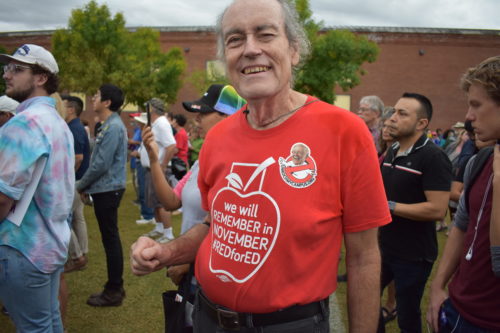 Patrick Diehl, 72, attends the Bernie Sanders and David Garcia rally in Tucson, AZ. Diehl says he wears his Red for Ed shirt to support education.
(Photo by: Bria Fonteno / Arizona Sonora News)