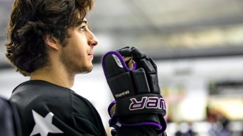 Andrew DeCarlo, 19, standing for the National Anthem before starting on the Lone Star Brahmas first line during a regular-season game, at the NYTEX Center in North Richland Hills, Texas. Photo Courtesy of Rebekah Bing.