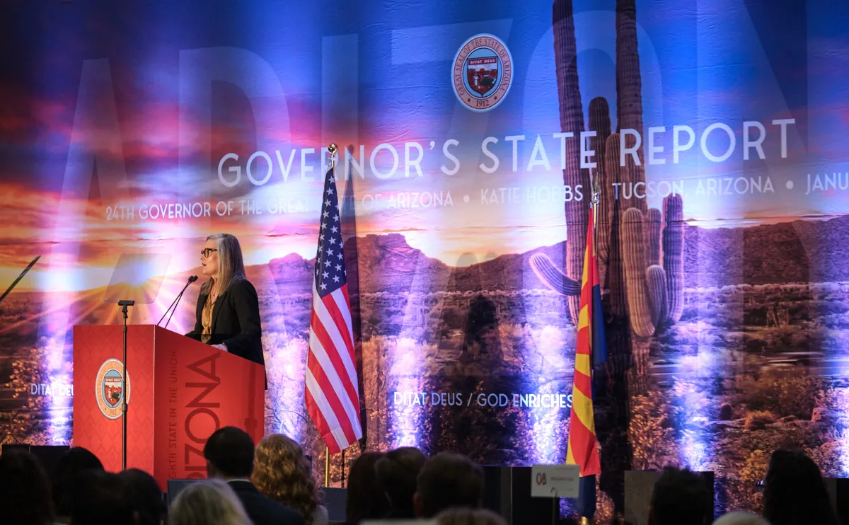 Arizona Gov. Katie Hobbs gives the 2024 Governor’s State Report at the Tucson Convention Center on Tuesday, Jan. 23, 2024. Photo by Michael McKisson / Courtesy of Arizona Lumanaria
