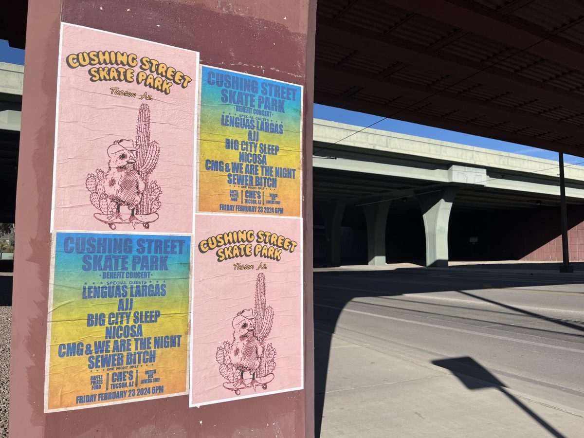 Flyers posted on the Cushing Street underpass advertise a fundraiser for the planned Cushing Street Skate Park. Construction is expected to begin in the fall.