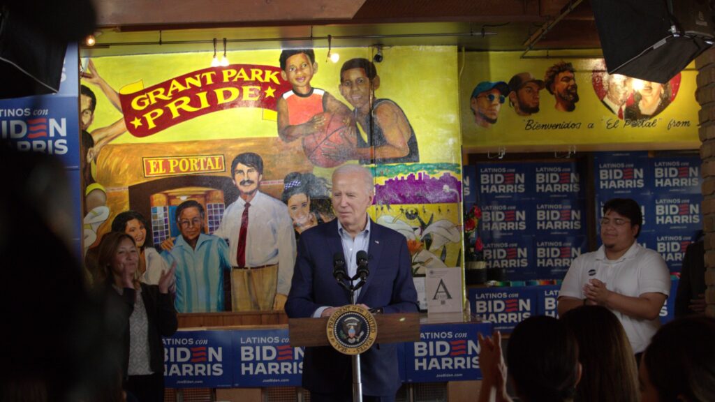 President Joe Biden speaks at El Portal restaurant in Phoenix on March 19, 2024, to kick off his campaign’s Latino outreach initiative.
