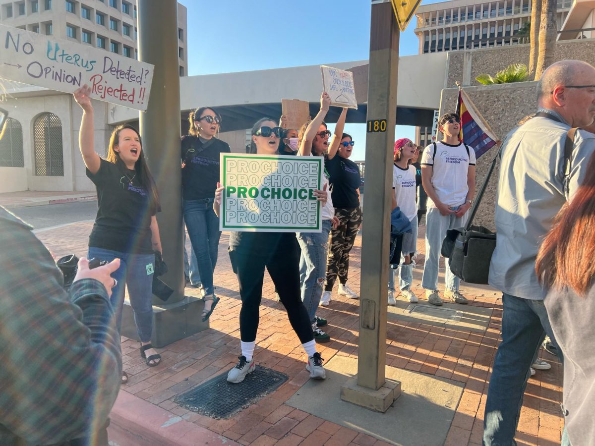 Protestors gathered in downtown Tucson just hours after the Arizona Supreme Court ruled that an 1864 abortion ban can be enforced. Photo by Amy Fitch-Heacock. 