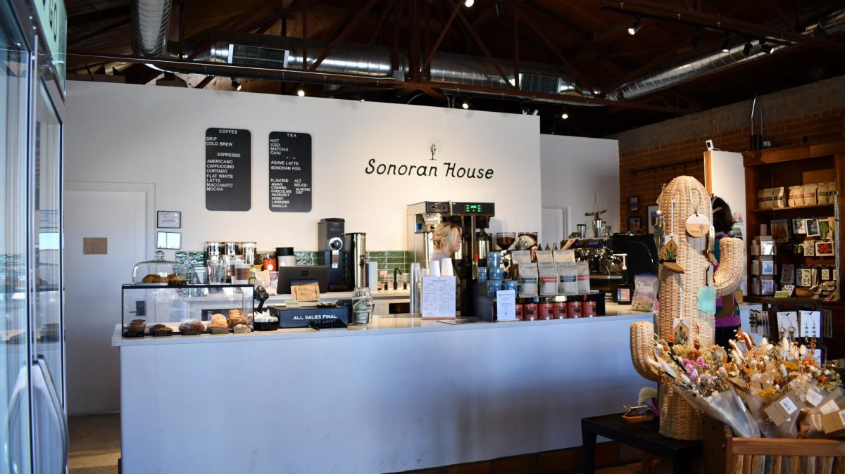 The counter at Sonoran House is full of coffee, tea, pastries, and other local items. 