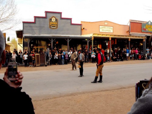 Crowds gather on Allen Street to watch the gunfight show during February’s Tombstone at Twilight event.