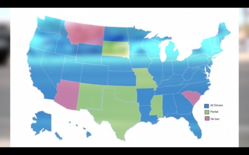 A map showing texting while driving laws in all 50 states. 