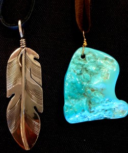 Sterling silver is etched into and crafted by Navajo artists over fire in order to make shapes such as feathers. The Turquoise is all-American and was left as is from the shape it was extracted in.  (Photo by Sam Leuck)