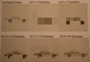 The Artificial Vision Support System’s software shows the different pixilation filters an implant patient would see if they were to choose one of these pixelations.