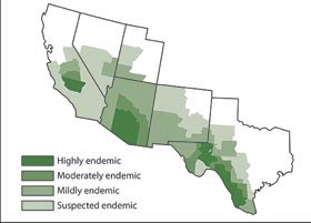 Esta imagen muestra la ubicación de las endémicas de la enfermedad de la Fiebre del Valle. Esta foto es cortesía de los Centros para el Control y la Prevención de Enfermedades.