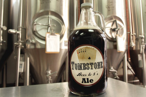 A growler of Tombstone Aces & 8's Ale sits inside Old Bisbee Brewing Company's brewery ready to be sold. Photo by Emily Lai/Arizona Sonora News Service.