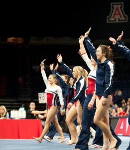 Arizona gymnast Shelby Edwards thanking fans in McKale Center Photo by Arizona Athletics 