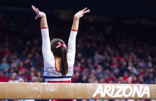 Arizona gymnast Shelby Edwards in competing in McKale Center Photo by Arizona Athletics 