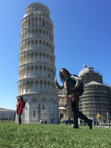 Me with my back pack strapped onto me as I travel through Pisa.