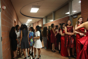 Flowing Wells High School students line up in the hallway before the start of the 2016 Fusion fashion show. (Photo by Maggie Driver)