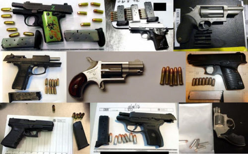 TSA discovered 71 firearms during the week of Oct. 14-20 in carry-on bags around the nation. Of the 71 firearms discovered; 56 were loaded and 17 had a round chambered. All of the firearms pictured were discovered in the last week. (Courtesy of The TSA Blog)
